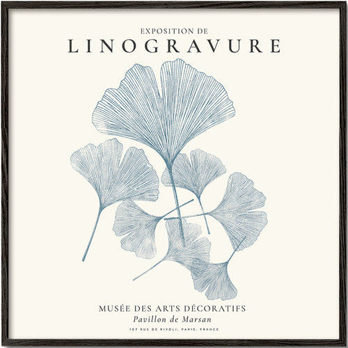 Estampa botânica Ginkgo linogravura azul