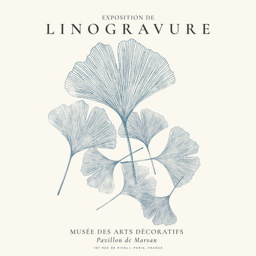 Estampa botânica Ginkgo linogravura azul