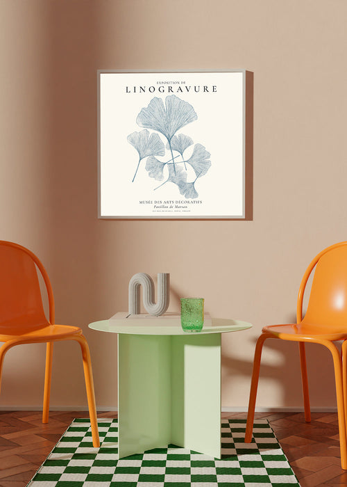 Estampa botânica Ginkgo linogravura azul