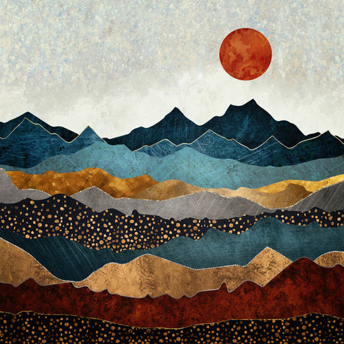 Quadro de paisagem com montanhas em camadas e sol âmbar