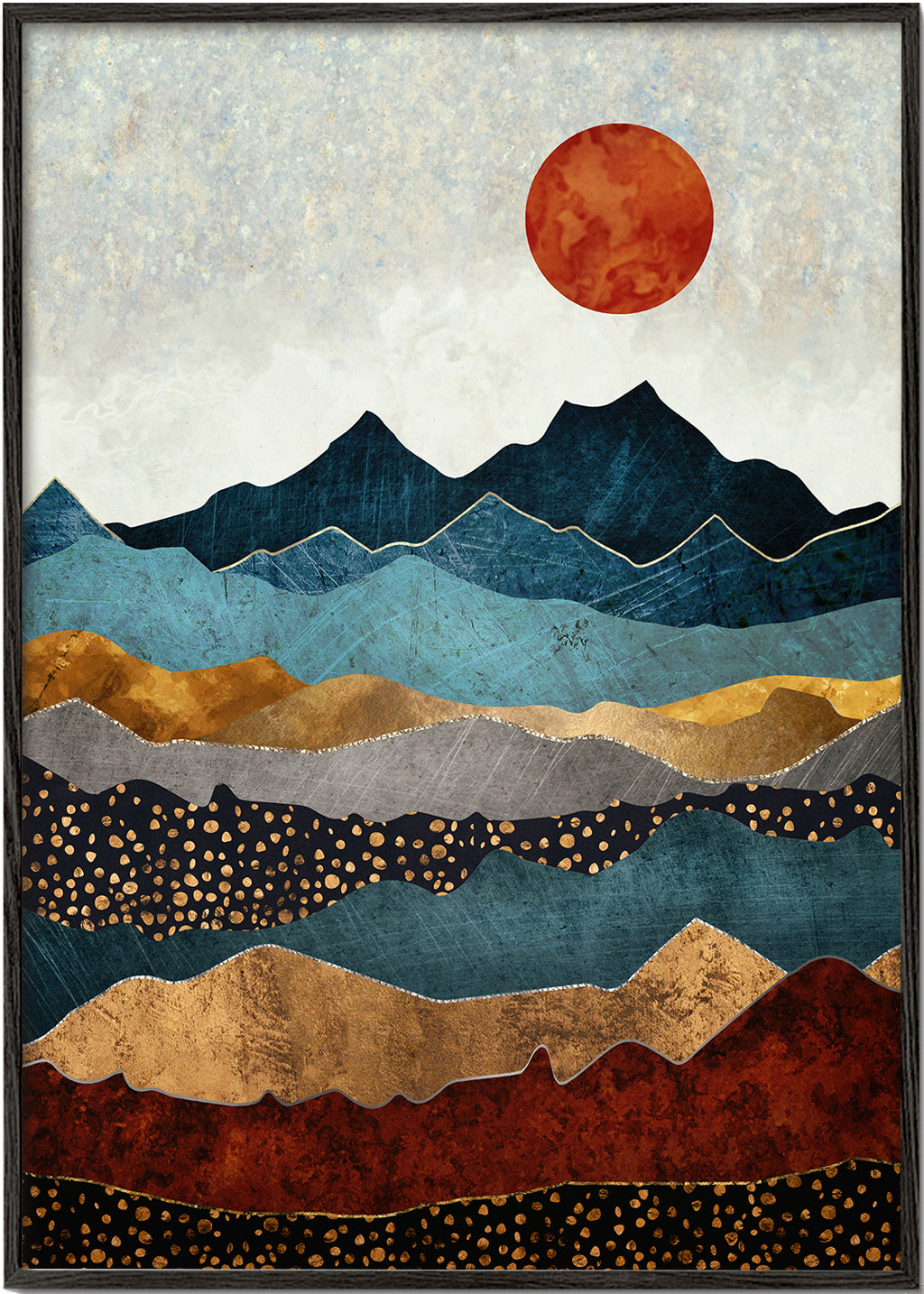 Quadro de paisagem com montanhas azuis em camadas e detalhes dourados