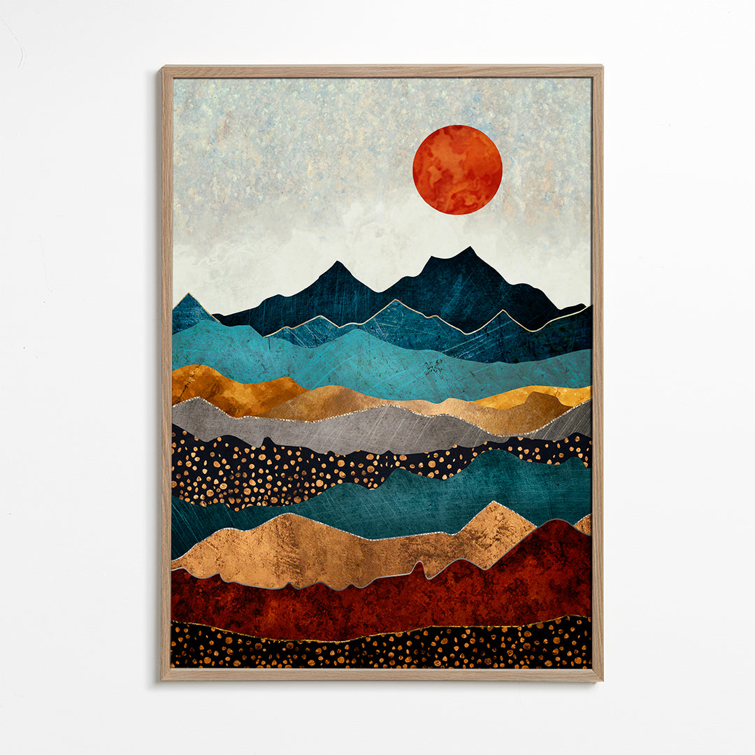 Quadro de paisagem com montanhas azuis em camadas e detalhes dourados