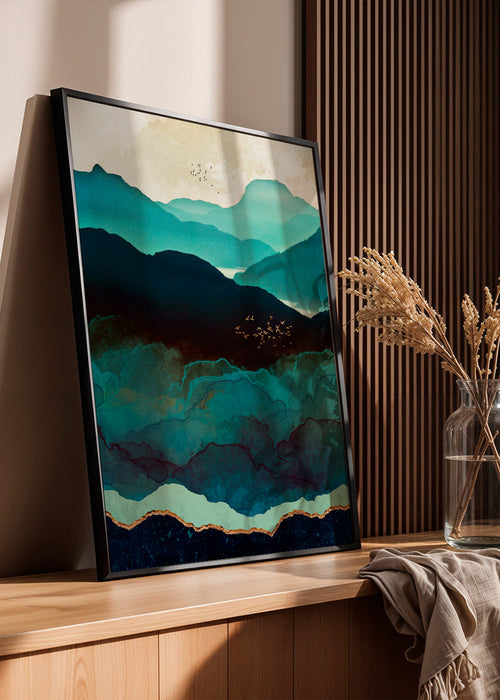 Quadro de paisagem índigo com detalhes dourados