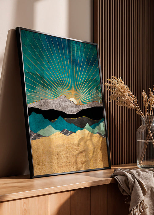 Paisagem gráfica com sol dourado e camadas geométricas
