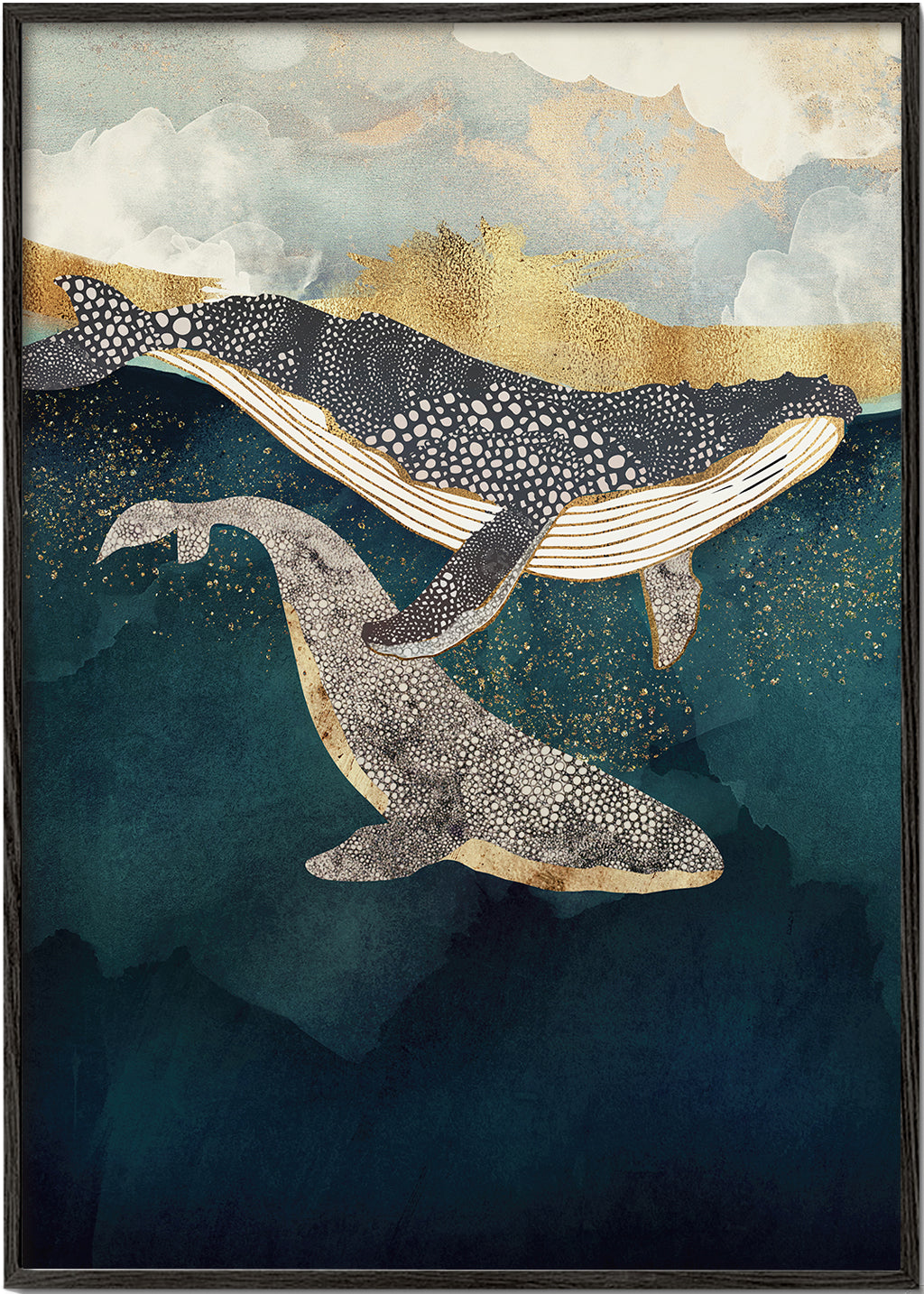 Quadro baleias douradas sobre mar azul profundo