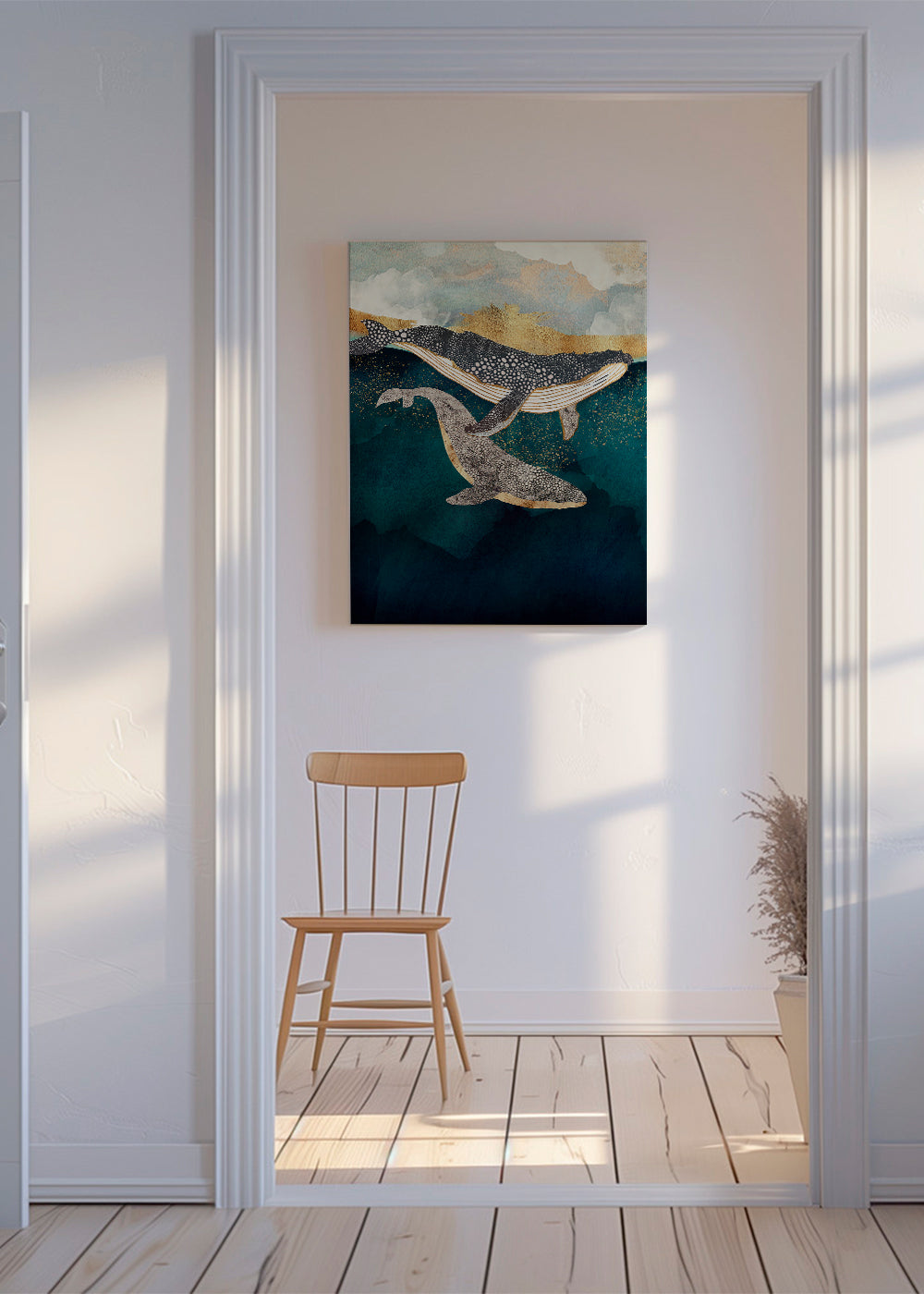 Quadro baleias douradas sobre mar azul profundo