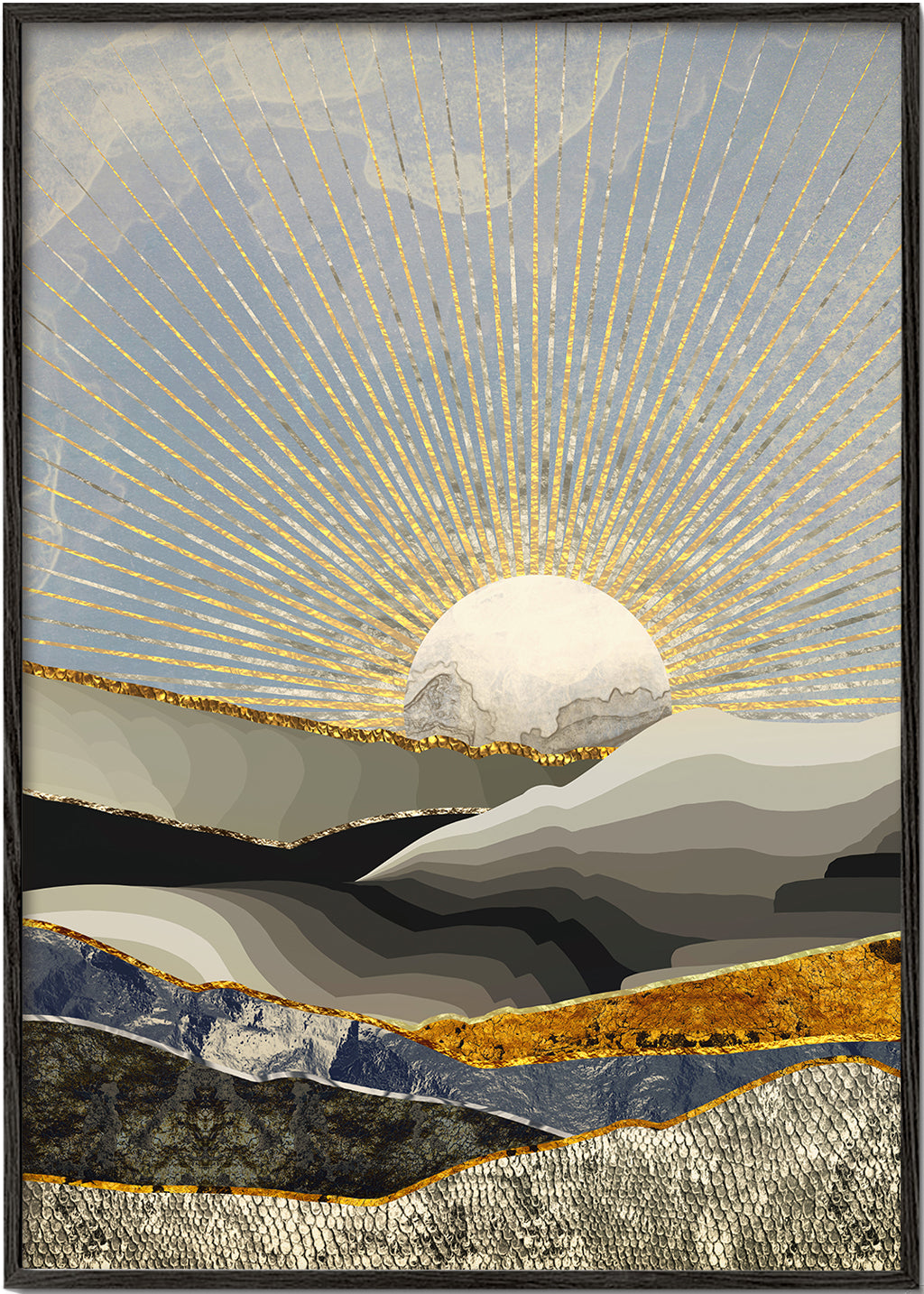 Quadro paisagem com sol dourado e texturas em camadas
