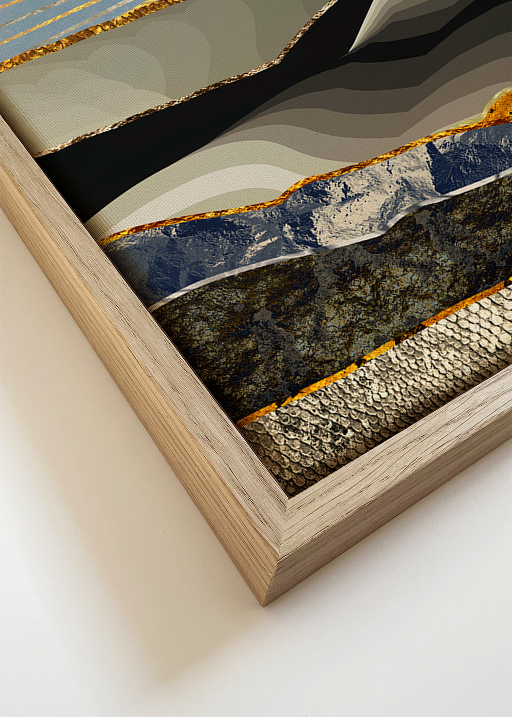 Quadro paisagem com sol dourado e texturas em camadas