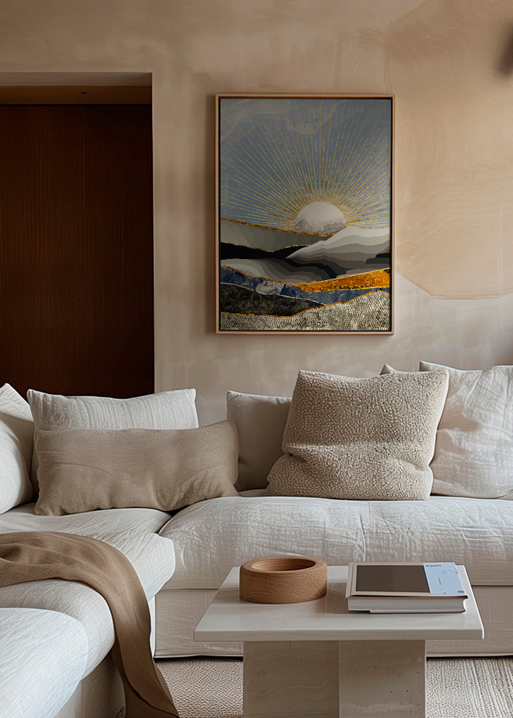 Quadro paisagem com sol dourado e texturas em camadas