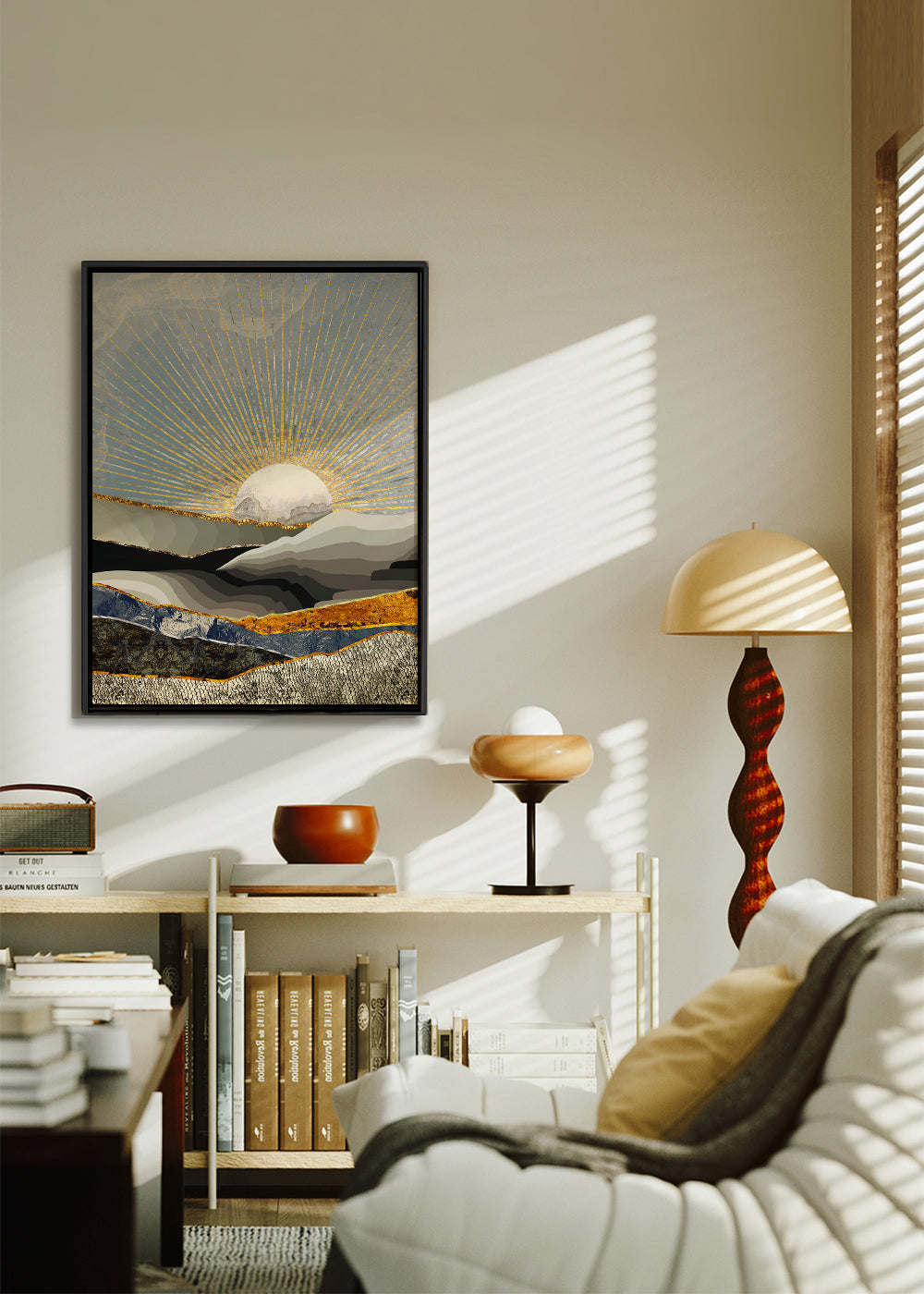 Quadro paisagem com sol dourado e texturas em camadas
