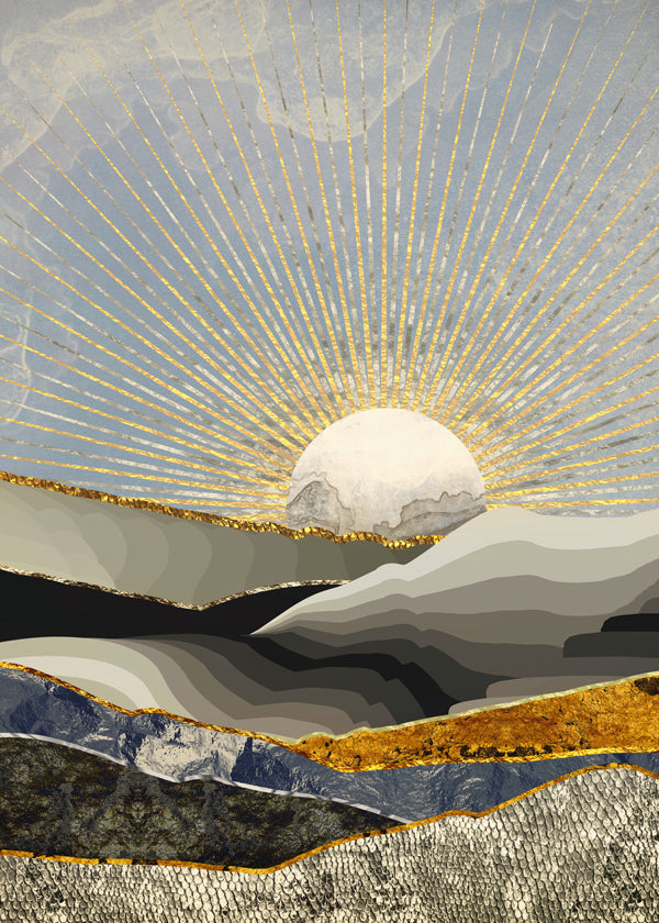 Quadro paisagem com sol dourado e texturas em camadas