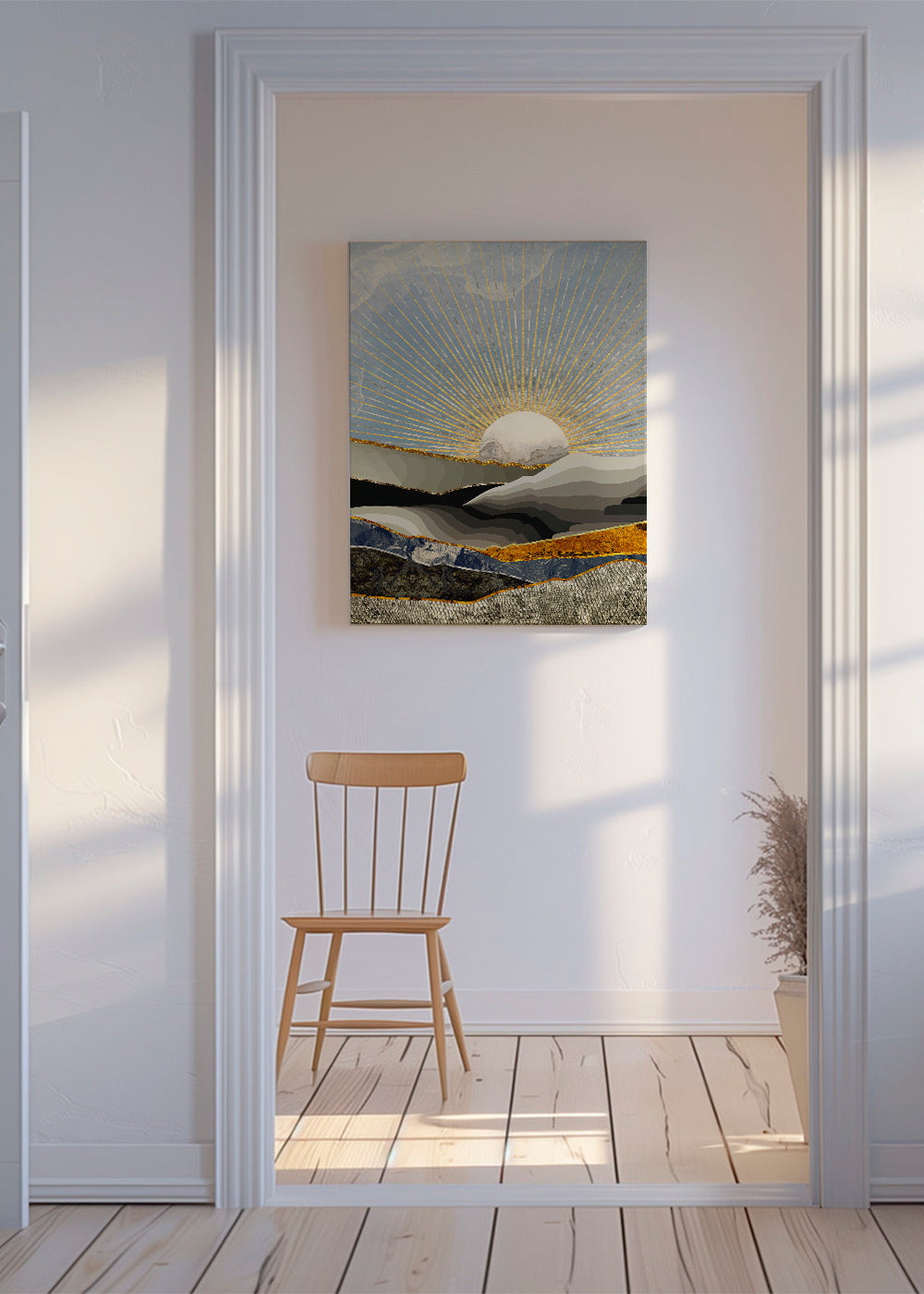 Quadro paisagem com sol dourado e texturas em camadas