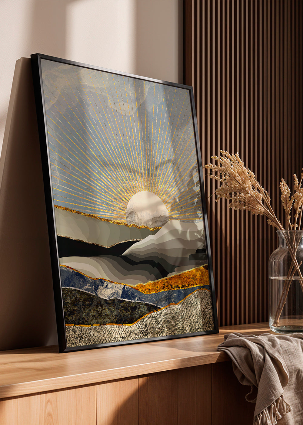 Quadro paisagem com sol dourado e texturas em camadas
