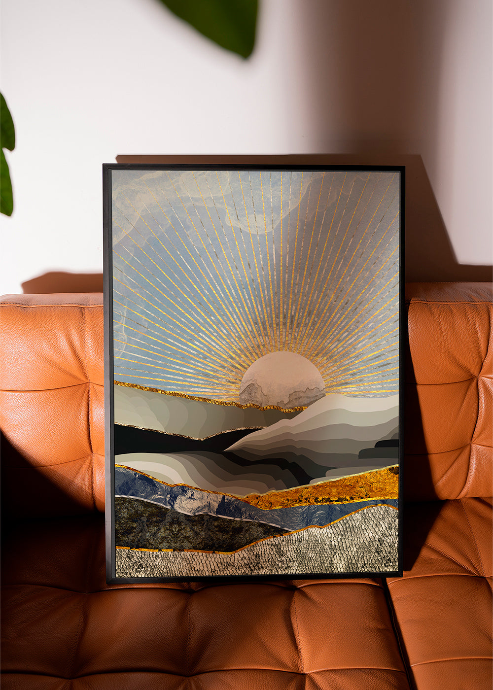 Quadro paisagem com sol dourado e texturas em camadas