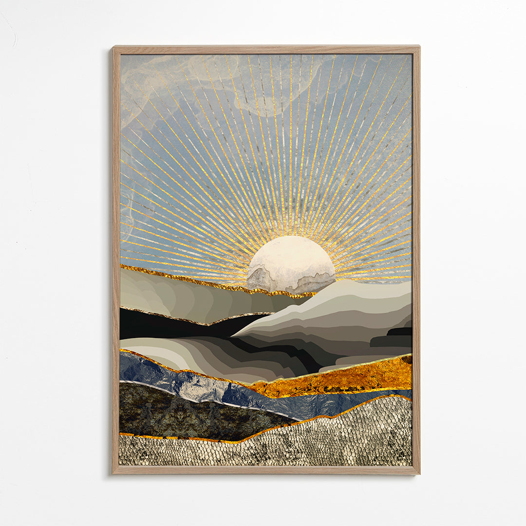 Quadro paisagem com sol dourado e texturas em camadas