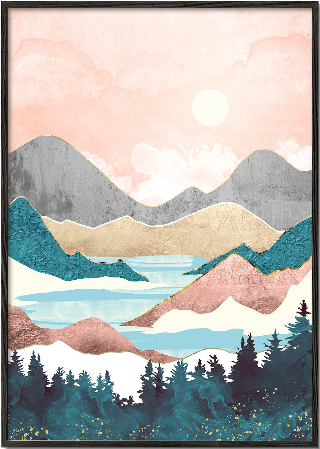 Arte paisagística: ilustração de lago ao amanhecer