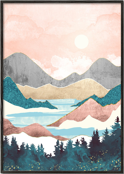 Arte paisagística: ilustração de lago ao amanhecer