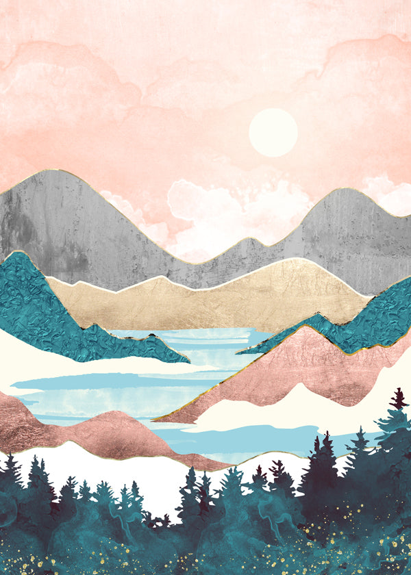 Arte paisagística: ilustração de lago ao amanhecer