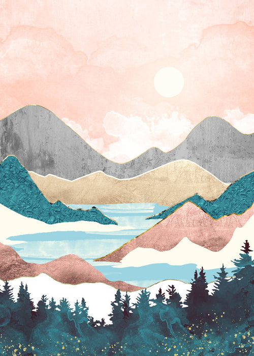 Arte paisagística: ilustração de lago ao amanhecer
