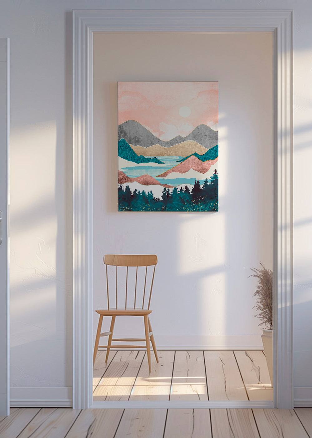 Arte paisagística: ilustração de lago ao amanhecer