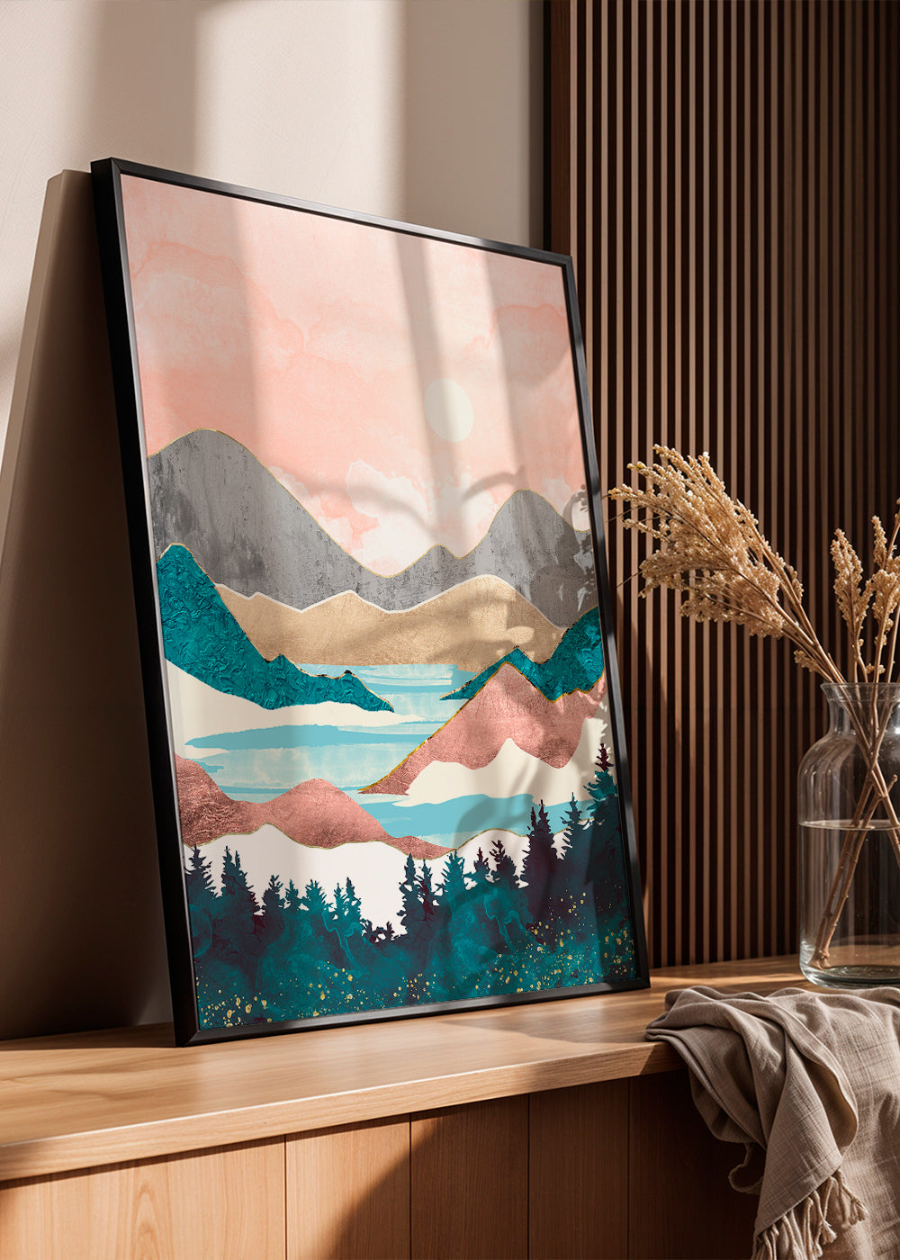 Arte paisagística: ilustração de lago ao amanhecer