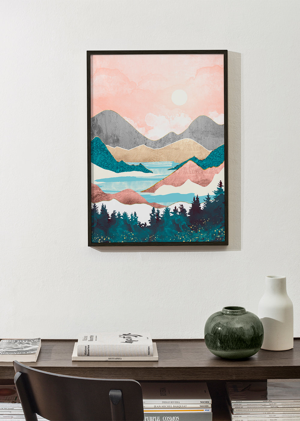 Arte paisagística: ilustração de lago ao amanhecer