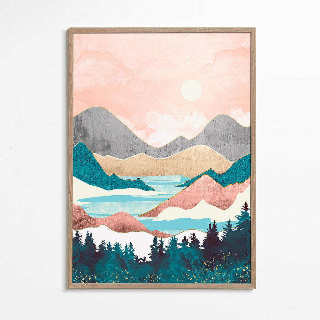 Arte paisagística: ilustração de lago ao amanhecer