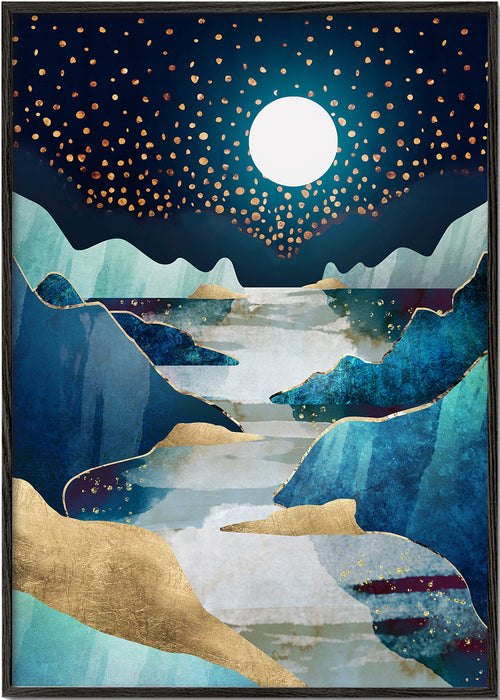 Arte paisagística: vale lunar em azul e ouro
