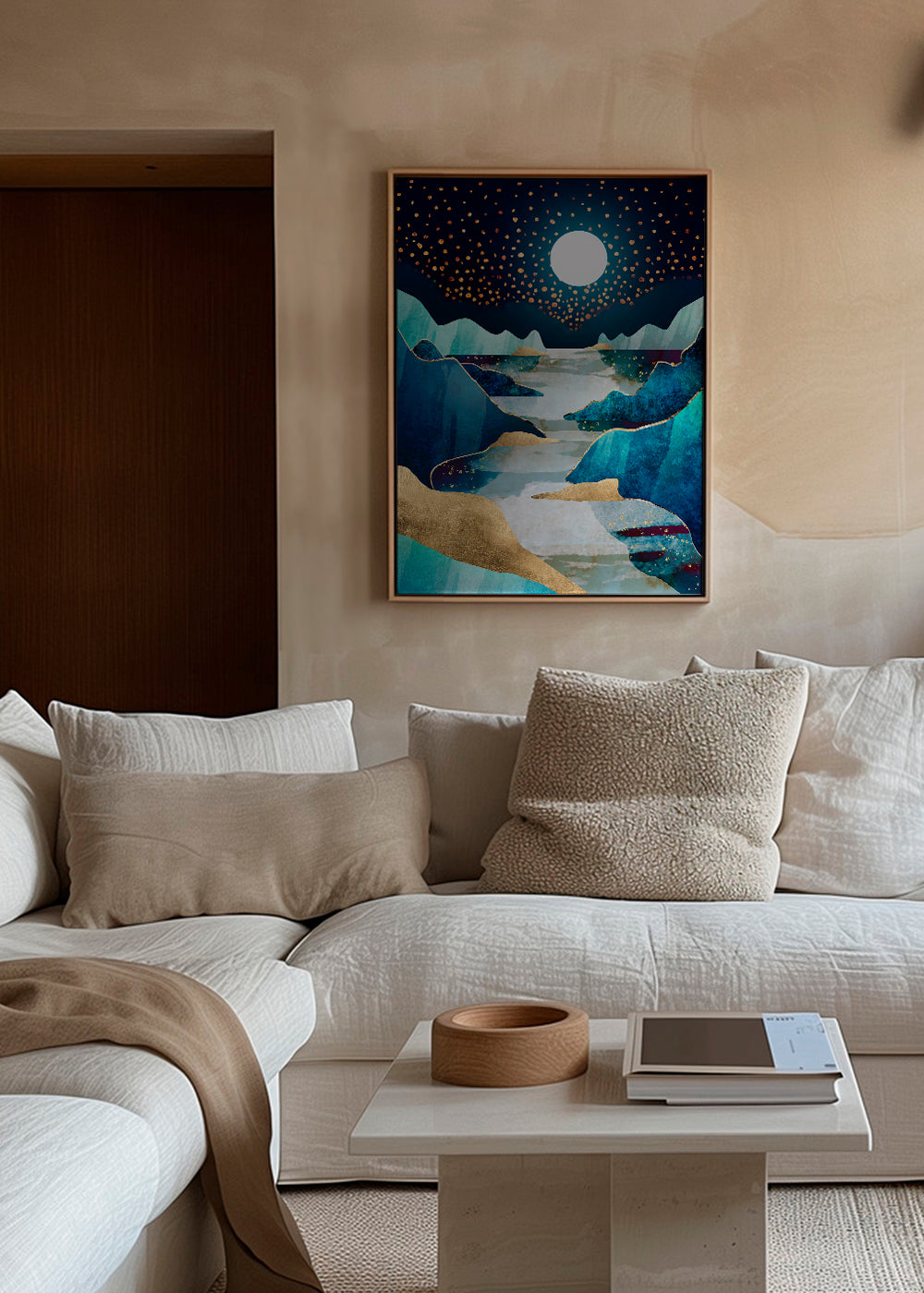 Arte paisagística: vale lunar em azul e ouro