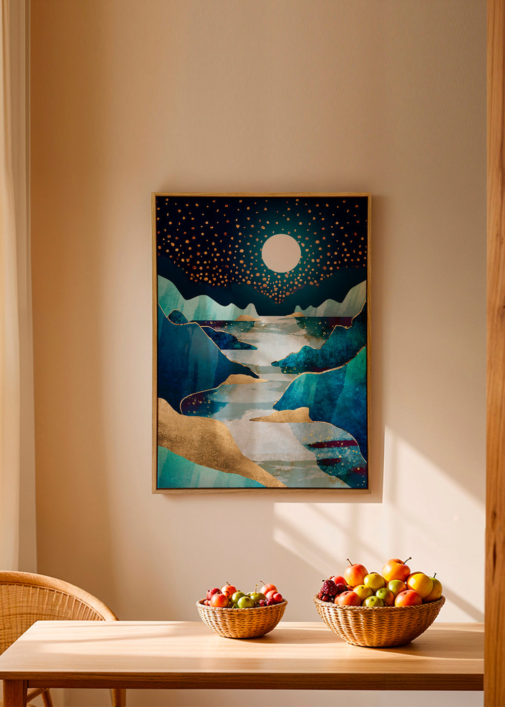 Arte paisagística: vale lunar em azul e ouro