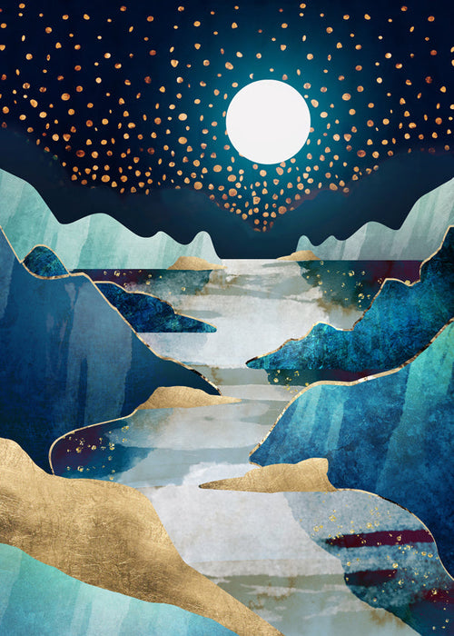 Arte paisagística: vale lunar em azul e ouro
