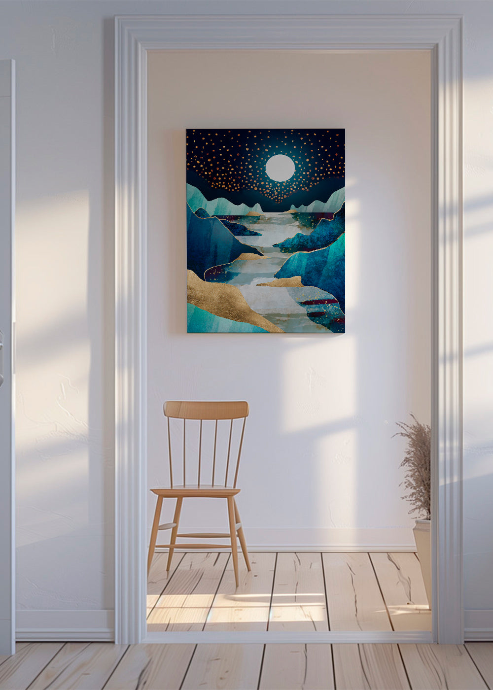 Arte paisagística: vale lunar em azul e ouro