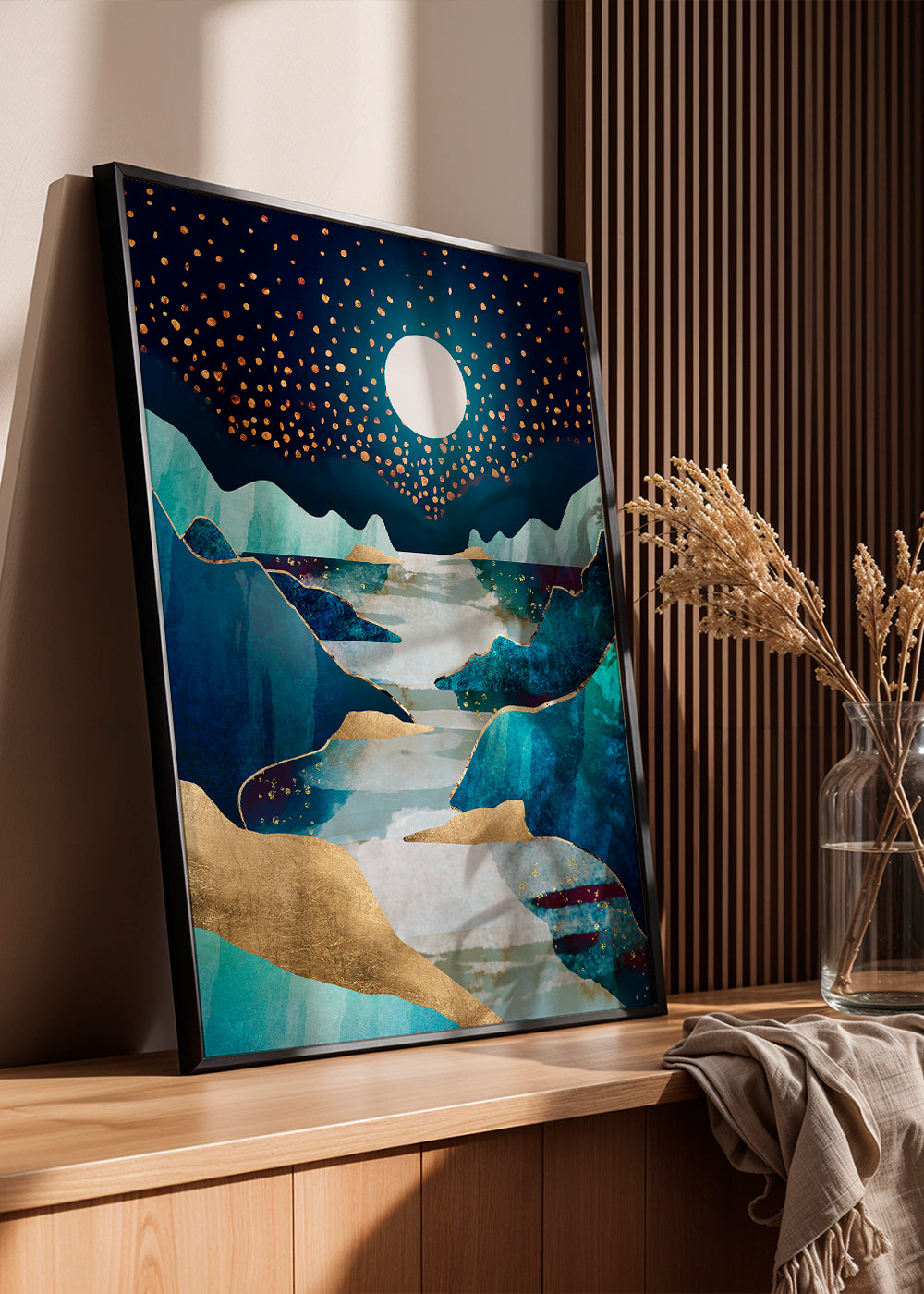 Arte paisagística: vale lunar em azul e ouro