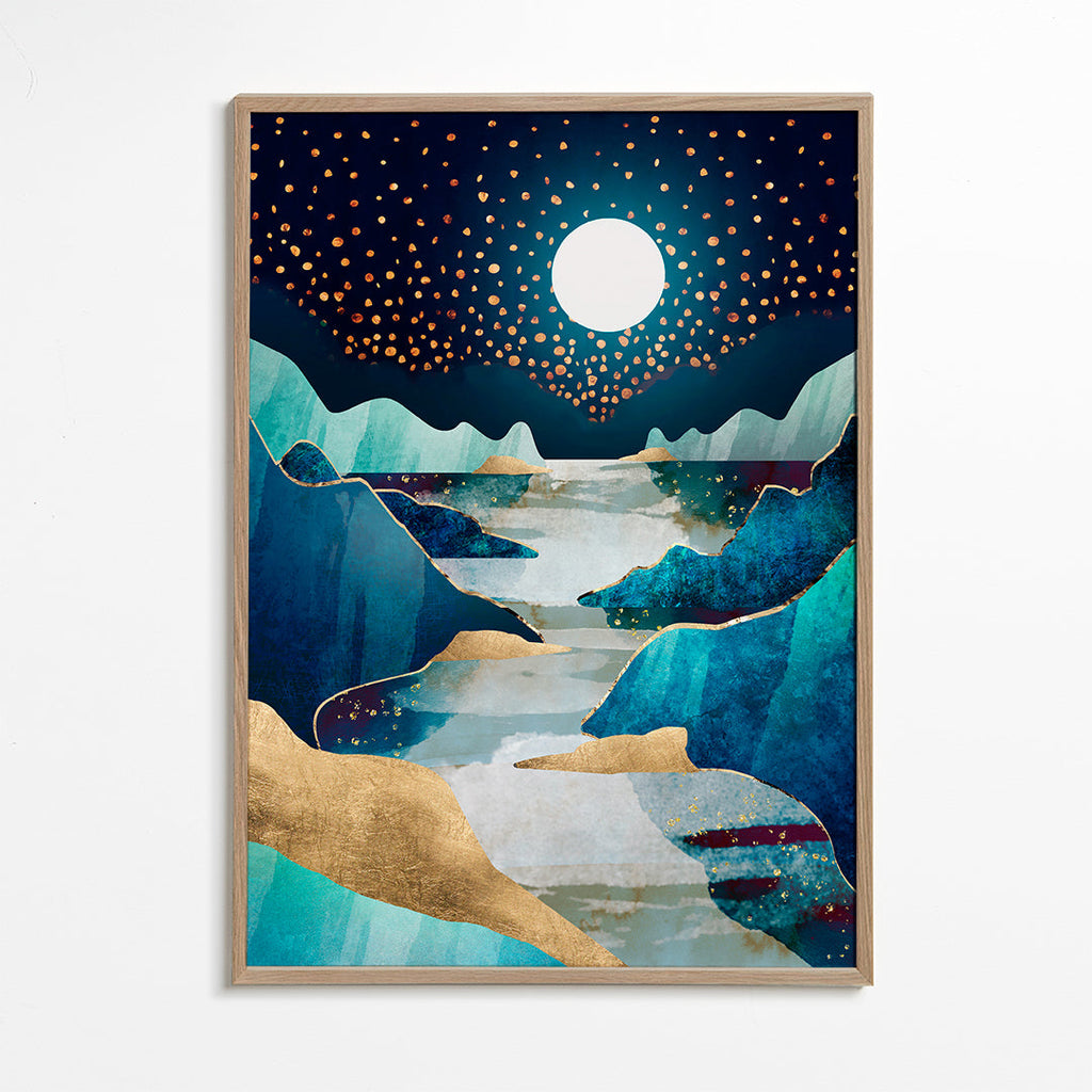 Arte paisagística: vale lunar em azul e ouro