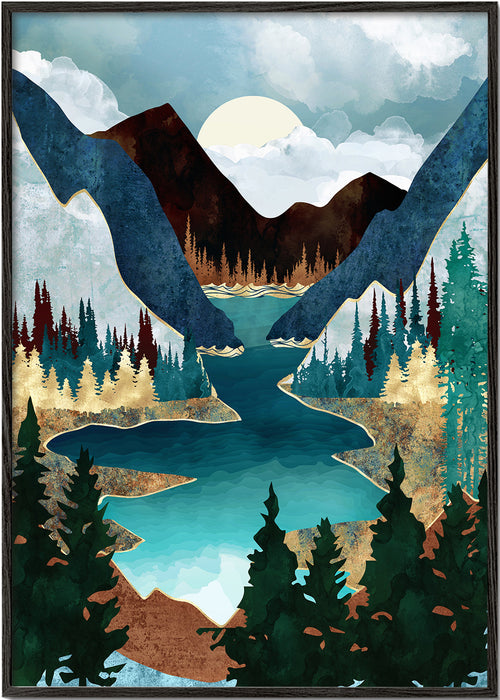Quadro de paisagem: lago entre montanhas ilustrado