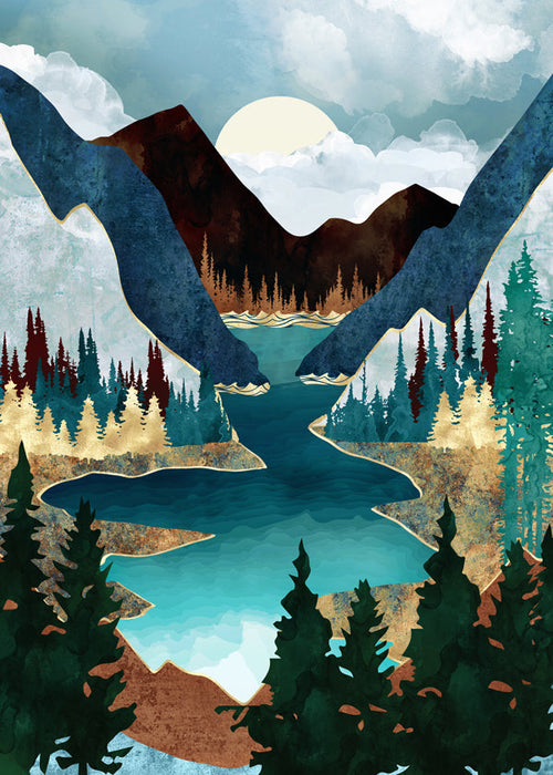 Quadro de paisagem: lago entre montanhas ilustrado