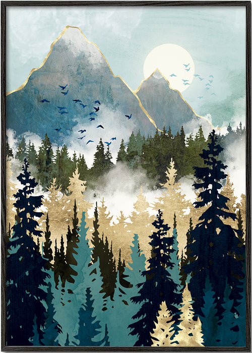 Arte paisagística: floresta e montanhas douradas