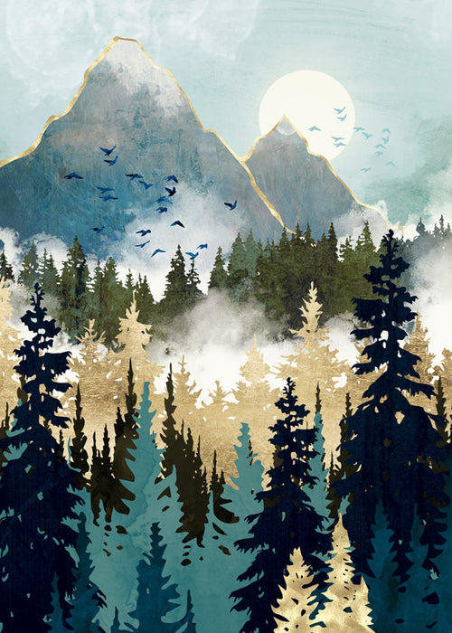 Arte paisagística: floresta e montanhas douradas