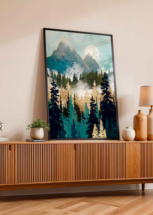 Arte paisagística: floresta e montanhas douradas