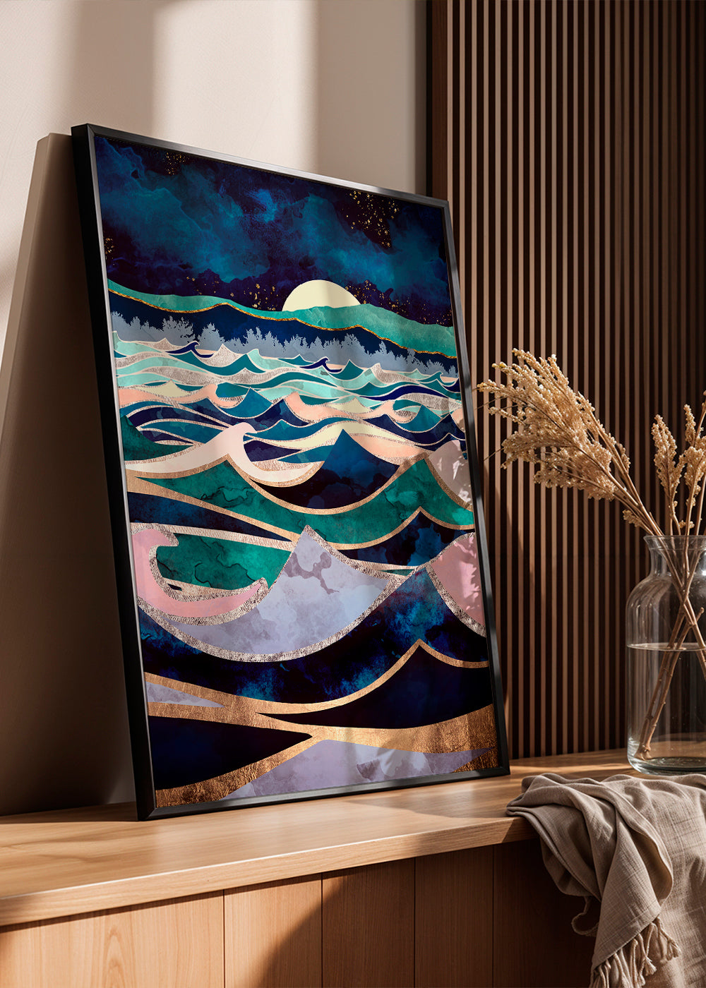 Obra abstrata de ondas lunares em camadas