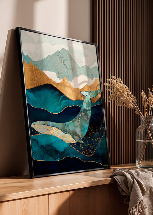 Quadro baleia azul sobre ondas douradas