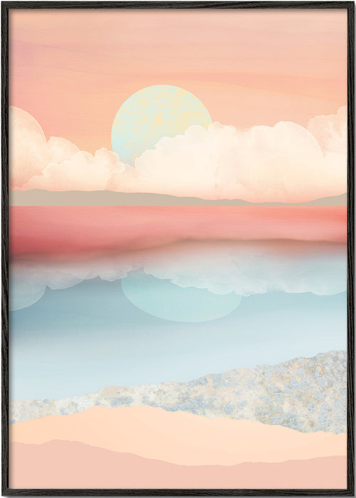 Quadro paisagem pastel com sol e reflexo
