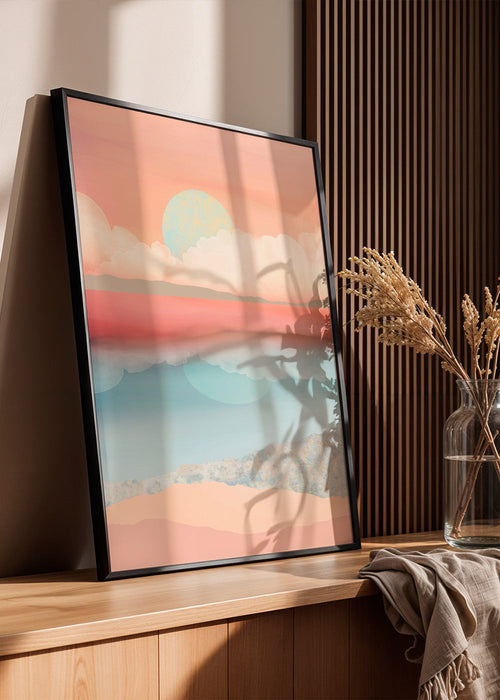 Quadro paisagem pastel com sol e reflexo