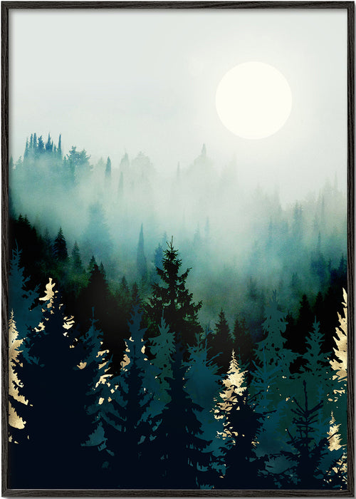 Arte de paisagem: floresta enevoada e lua