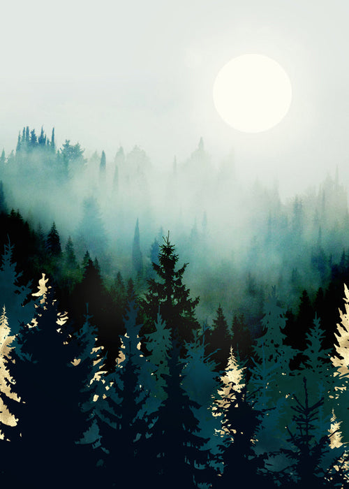 Arte de paisagem: floresta enevoada e lua