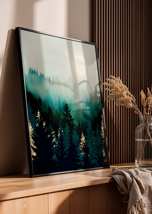 Arte de paisagem: floresta enevoada e lua