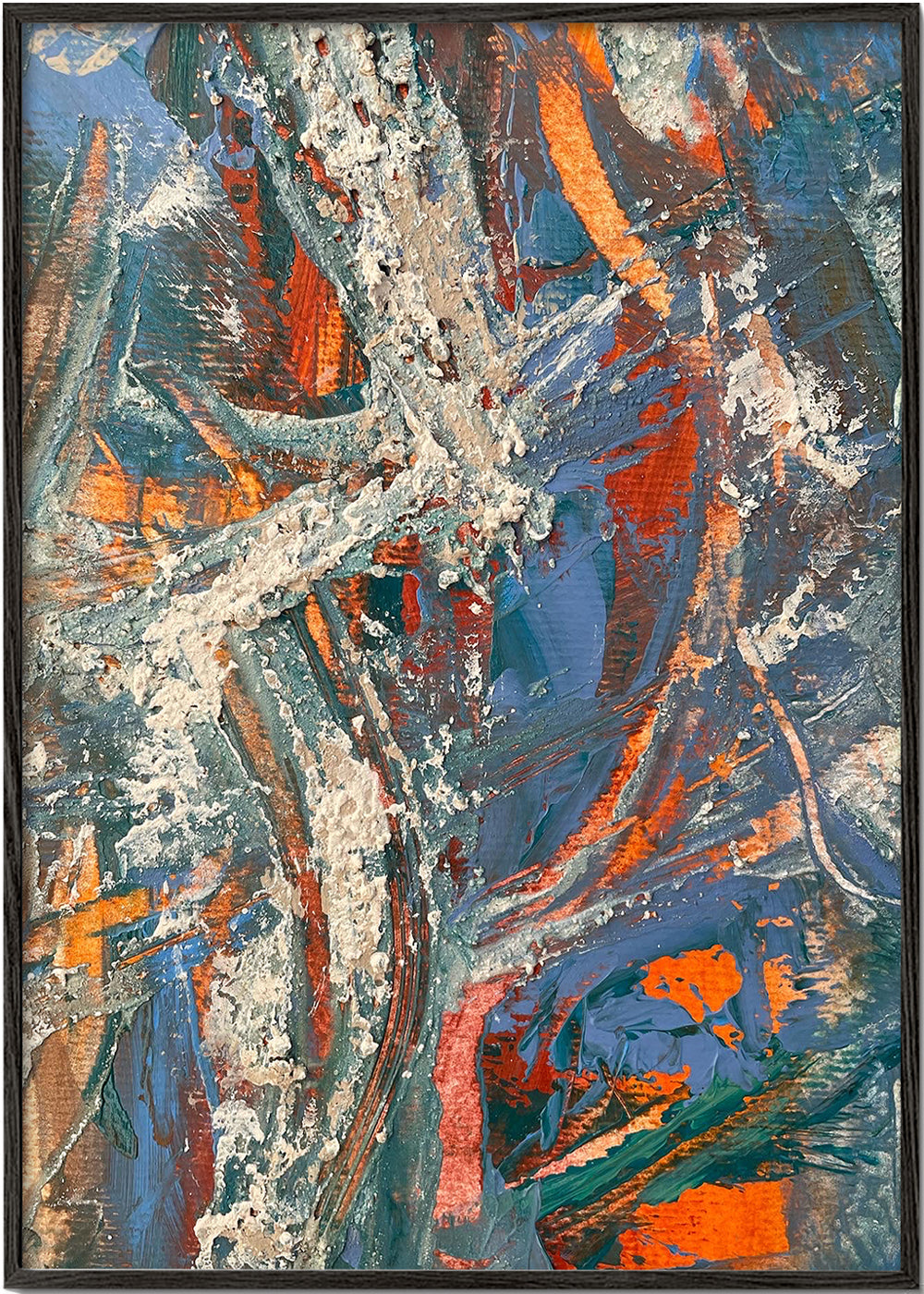Quadro abstrato com pinceladas azuis e laranja