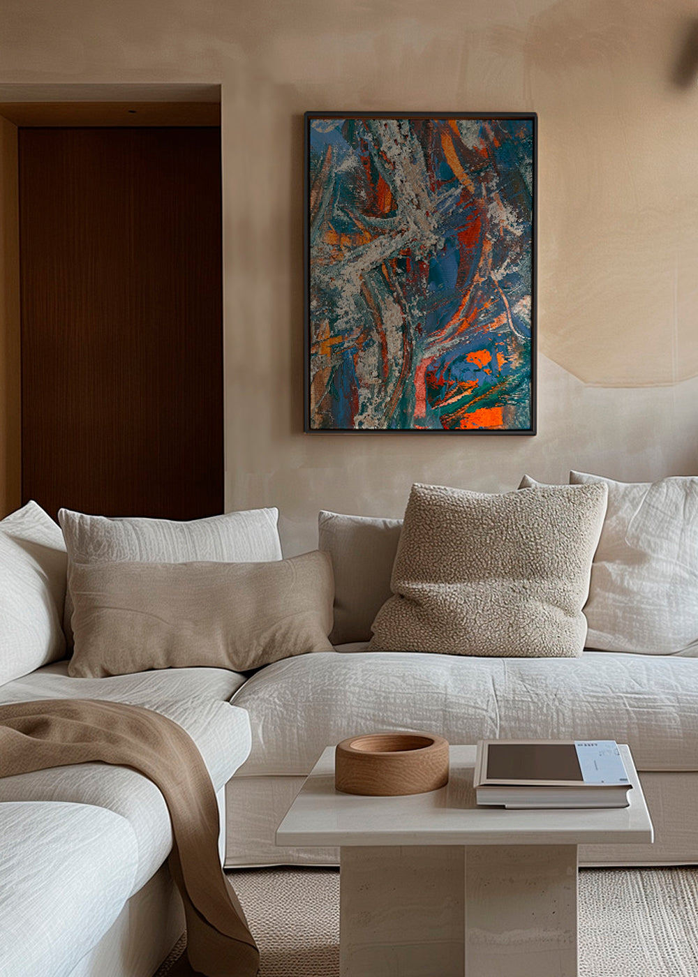 Quadro abstrato com pinceladas azuis e laranja