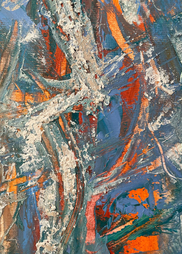 Quadro abstrato com pinceladas azuis e laranja