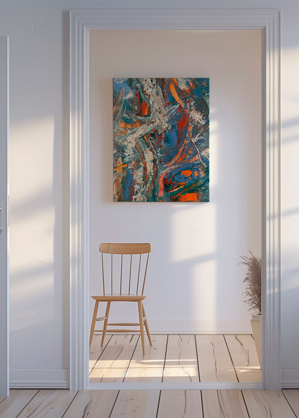 Quadro abstrato com pinceladas azuis e laranja